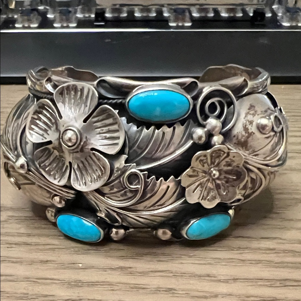 Taxco Sterling Silver Floral Cuff with Turquoise